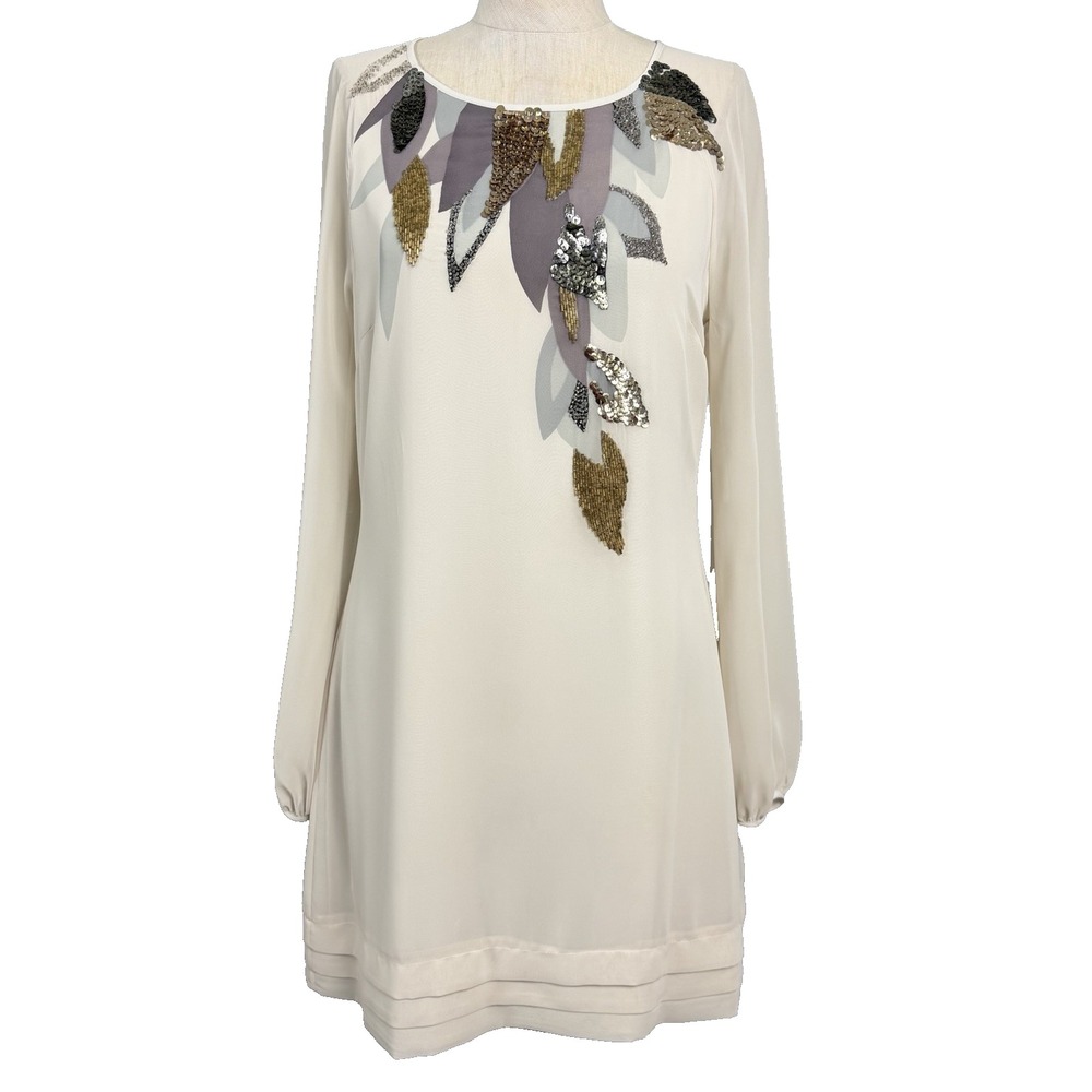 Ted Baker Starion‎ Sparkle Embellished Shift Dress Cream Long Sleeve Party 2